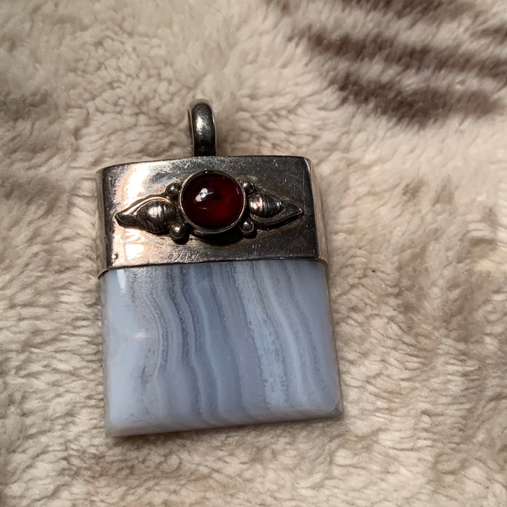 Blue lace agate and amber sterling silver pendant